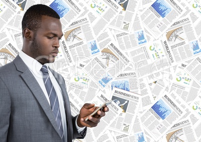 Business man looking at phone against document backdrop