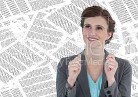 Business woman with glass device over face against document backdrop