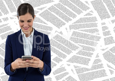 Business woman with phone against document backdrop