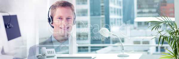 Customer service assistant with headsets  with bright office background