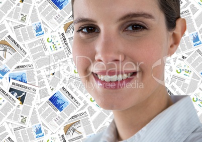Close up of woman smiling against document backdrop
