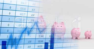 Piggy banks in row with blue finance graph transition