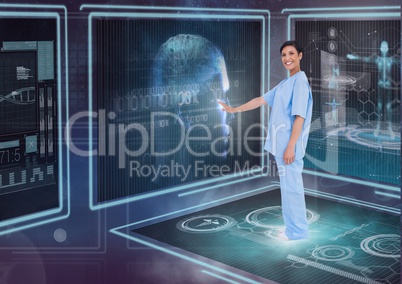 Happy woman doctor interacting with medical interfaces against purple background with flares