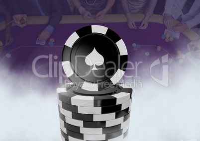 3D Poker chips in front of people gambling in casino on table