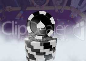 3D Poker chips in front of people gambling in casino on table
