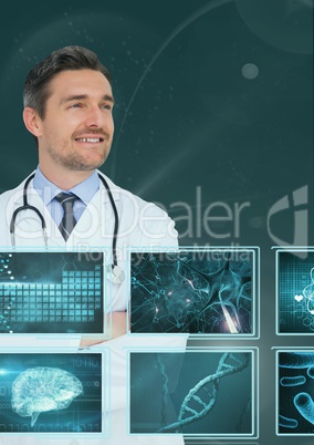 Man doctor smiling with 3d medical interfaces
