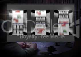 3d casino slot machine in front of man playing cards gambling