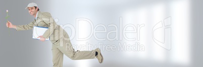 Delivery Courier with form in front of blurred and copy space background