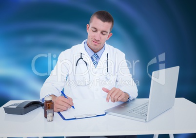 Doctor writing at desk against blue abstract background