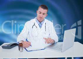 Doctor writing at desk against blue abstract background