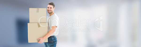Man with boxes in front of blurred background 3d