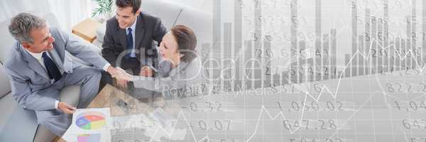 Overhead of business meeting in lounge with grey finance graph transition