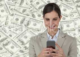 Business woman with phone against money backdrop
