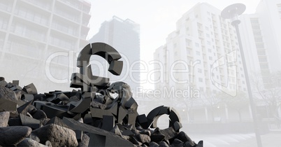 3D Broken concrete stone with Money pound symbol  in cityscape