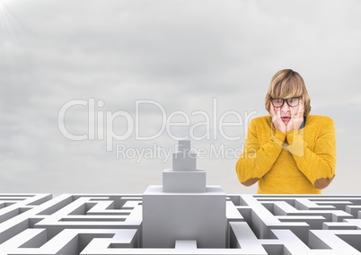 Confused man looking at a maze against a sky with clouds 3d