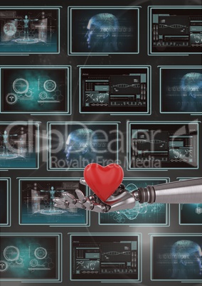 3D robot hand holding a heart against background with medical interfaces