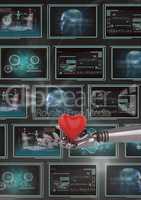 3D robot hand holding a heart against background with medical interfaces