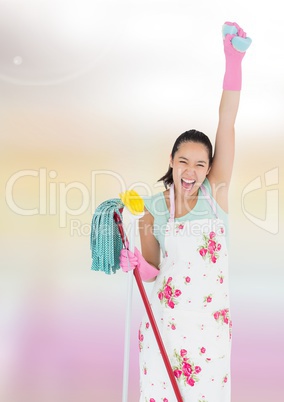 Cleaner joyful and celebrating holding mop with bright background