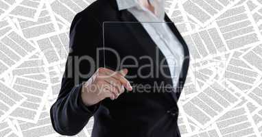 Business woman mid section with glass device against documents backdrop