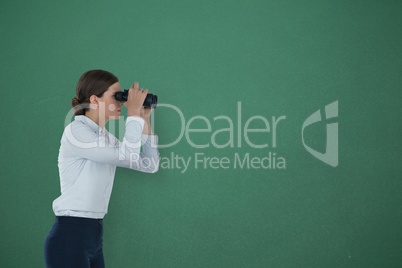 Woman looking through binoculars against green background 3d