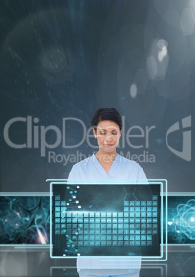 Woman doctor interacting with medical interfaces against 3D blue background with flares