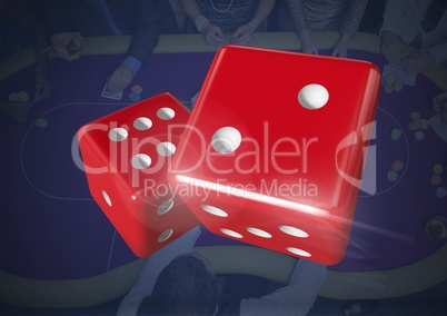 3D Pair of dice over blue casino table background