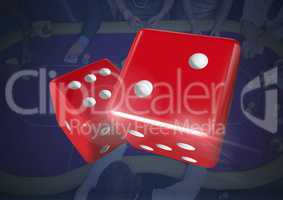 3D Pair of dice over blue casino table background