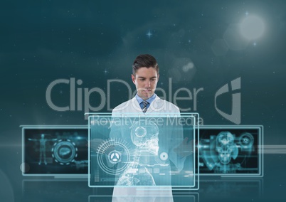 Man doctor interacting with 3d medical interfaces against blue background with flares