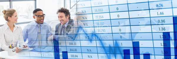 Business meeting at window with blue finance graph transition
