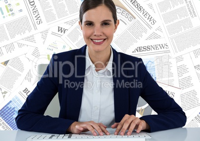 Business woman at desk against document backdrop
