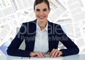 Business woman at desk against document backdrop