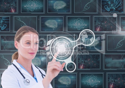 Woman doctor interacting with interfaces against background with 3D medical interfaces