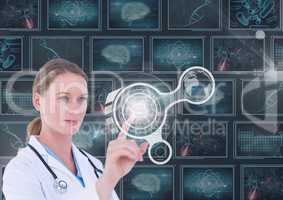 Woman doctor interacting with interfaces against background with 3D medical interfaces