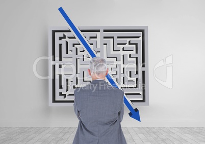 Man looking to a maze with an arrow 3d