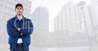 Security man in cityscape