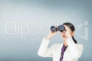 Surprised woman looking through binoculars against blue background 3d