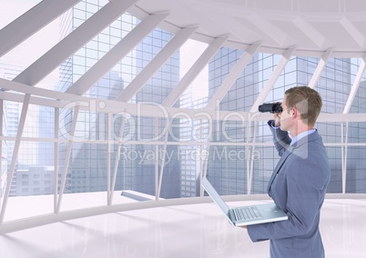 Man looking through binoculars against building background 3d