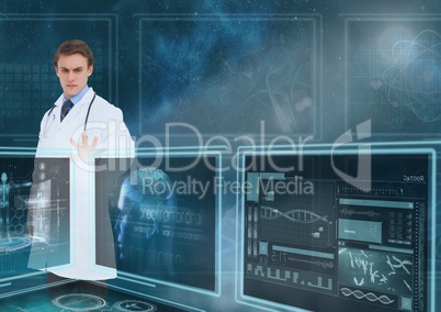 Man doctor interacting with 3d medical interfaces against a sky with flares