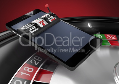 3d casino slot machine on phone over roulette