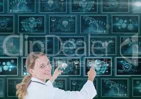Woman doctor interacting with medical interfaces 3d
