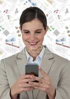 Business woman with phone against document backdrop