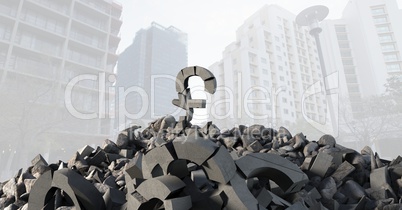 3D Broken concrete stone with money pound symbol in cityscape