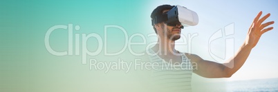 Man outside in virtual reality headset reaching out and green transition