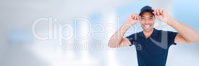 Man in blue cap in front of blurred background 3d