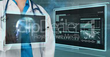 Woman doctor interacting with medical interfaces 3d