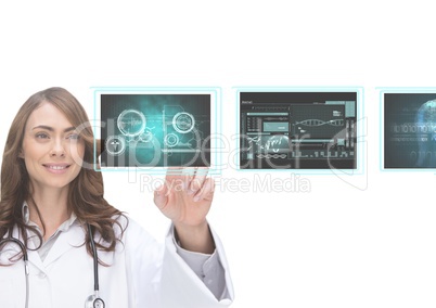 Woman doctor interacting with 3D medical interfaces against white background