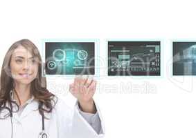 Woman doctor interacting with 3D medical interfaces against white background