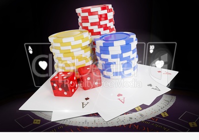 Playing cards with Poker chips and dice over table 3d