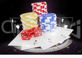 Playing cards with Poker chips and dice over table 3d