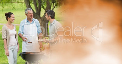 Family talking around bbq with blurry orange transition 3d